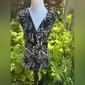 Calvin Klein Black and White Sleeveless Tie Front Blouse